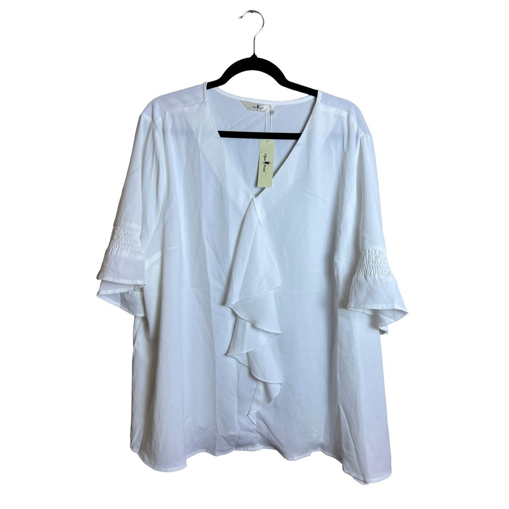 Agnes Orinda White‎ Ruffle V-Neck Blouse Women's 3X Coastal Grandmother Plus NWT